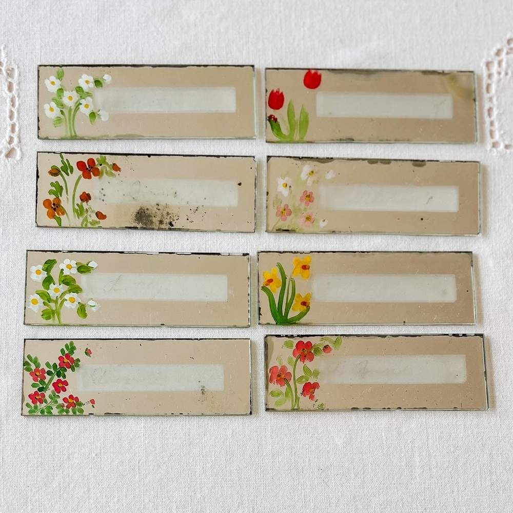 Vintage Mercury Glass Erasable Name Plates Place Card with Hand Painted Flowers - Picture 13 of 15